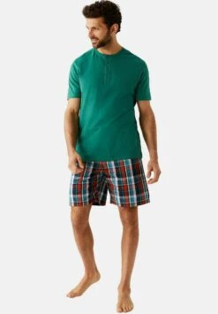 Marks & Spencer Pure Cotton CheckedPigiamaGreen Mix Uomo Per La Notte QM482M016-M11